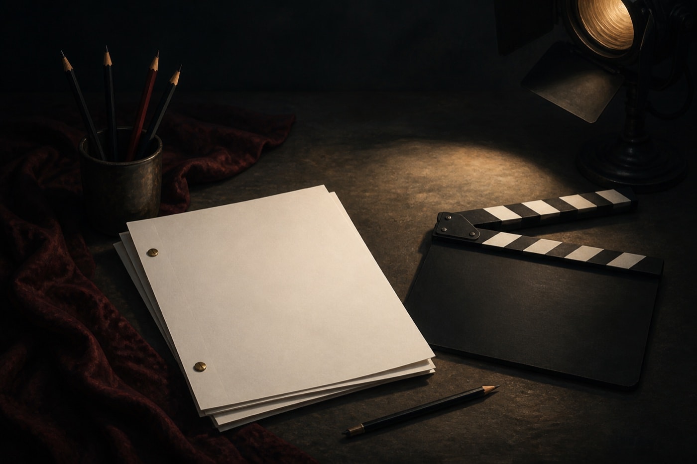 Blank screenplay pages and an unmarked clapperboard on a studio worktable