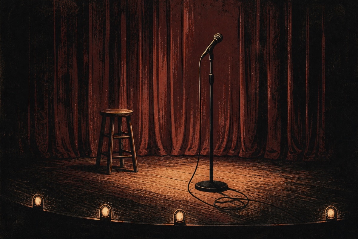 An empty stage with a microphone, stool, and burgundy curtain