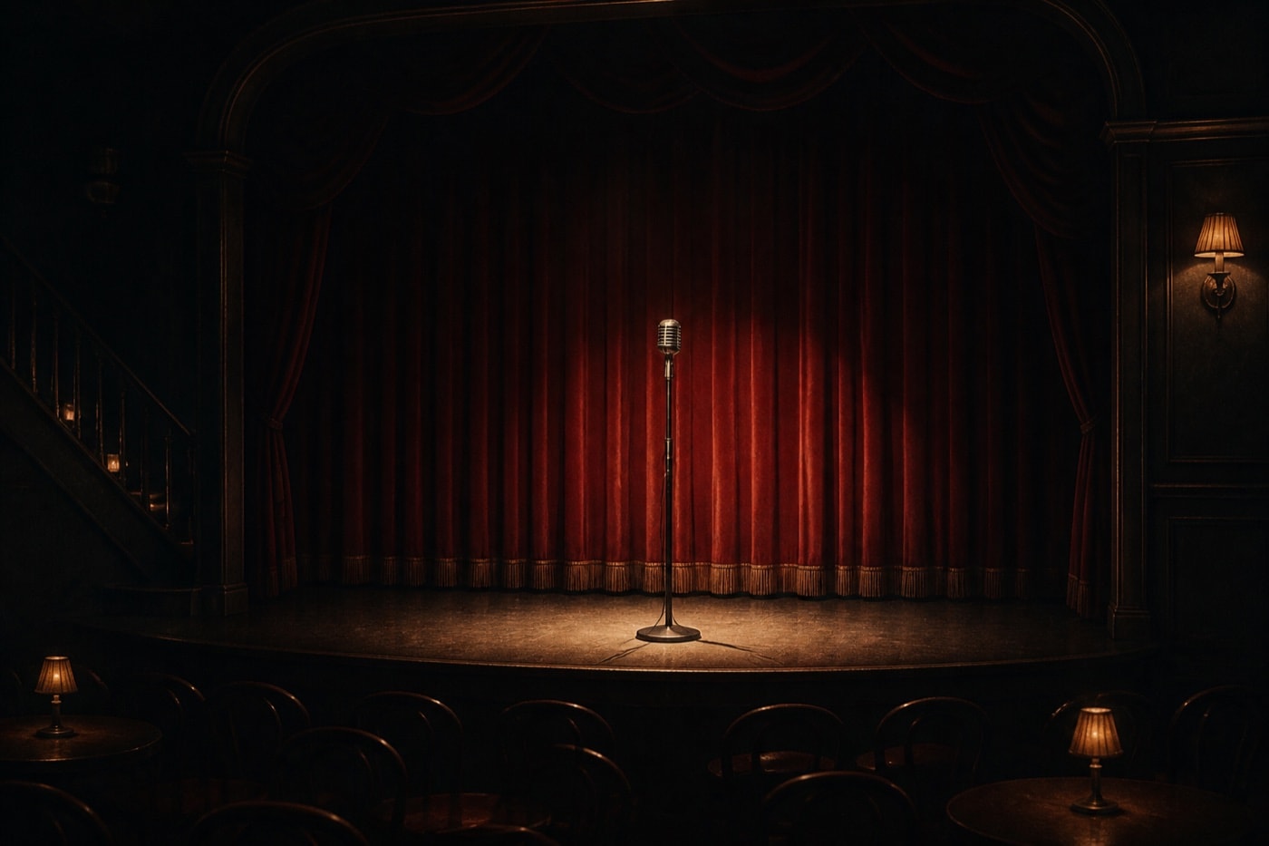 An empty theatre stage under a warm spotlight