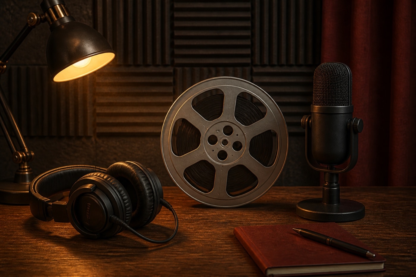 Headphones, an unlabelled microphone, and a blank film reel in a recording room