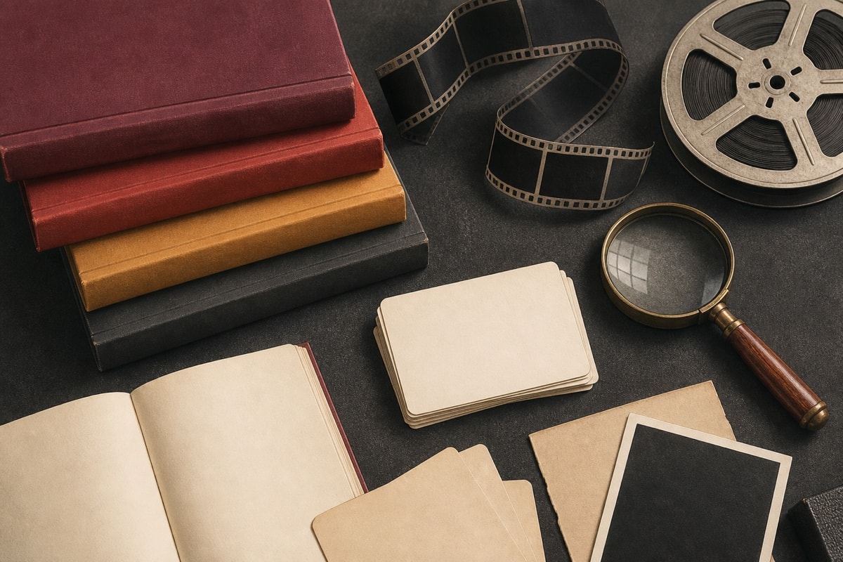 Reference cards, blank books, a magnifying glass, and an empty strip of film