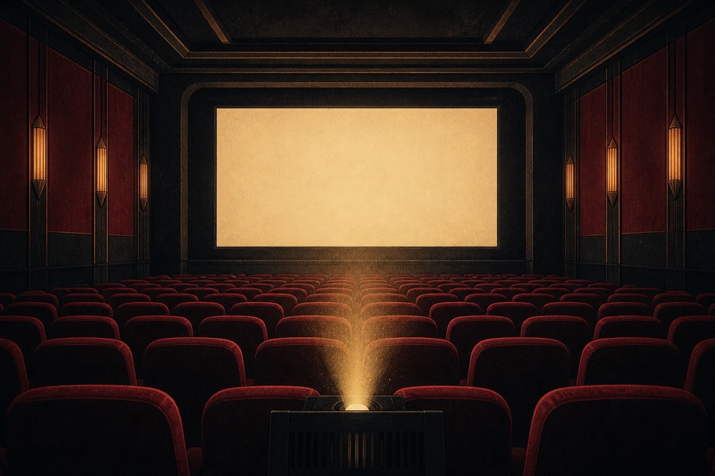 An empty art-house cinema with rows of burgundy seats