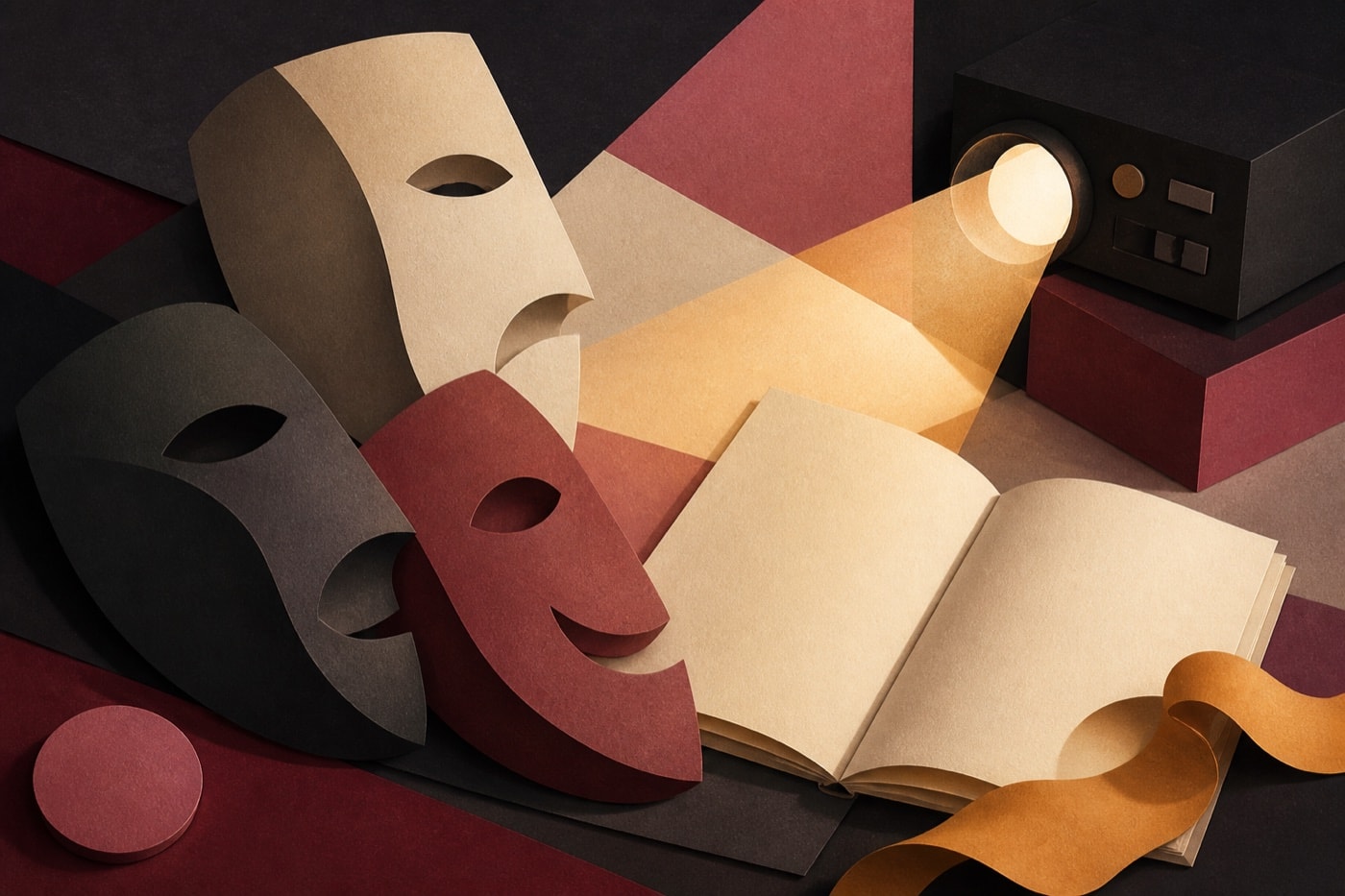Abstract theatre masks, a blank notebook, and a beam of projector light