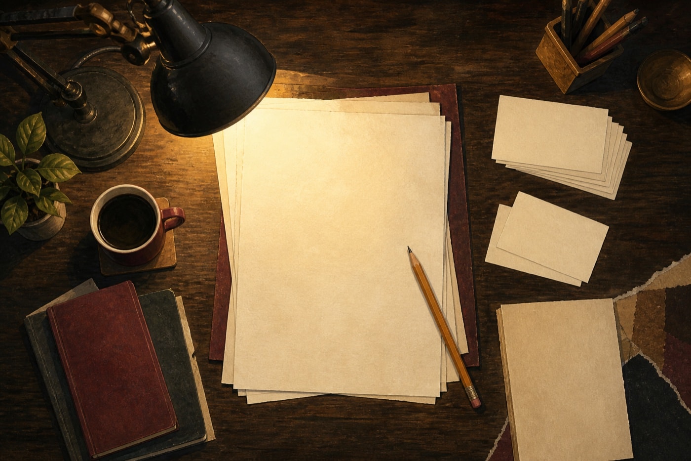 A writing desk with blank paper and index cards beneath a warm lamp